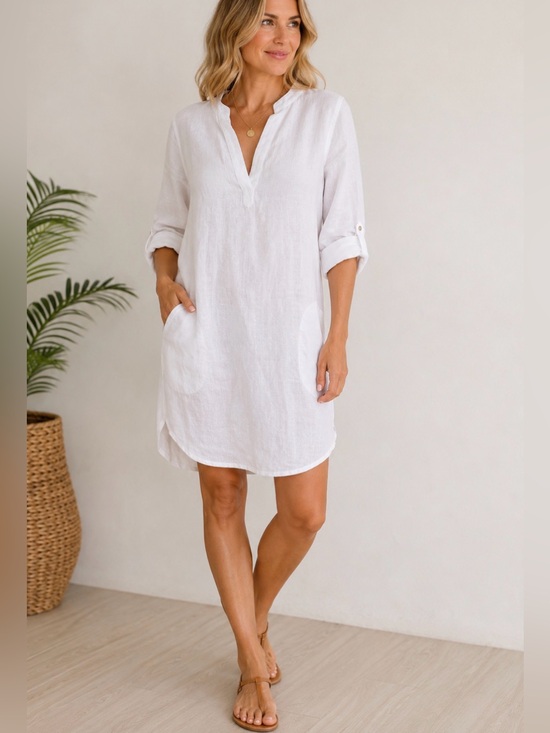 C&C California Dresses & Skirts - C&C California Linen Tunic Dress L White Split Neck Roll Tab Sleeve Pockets Read